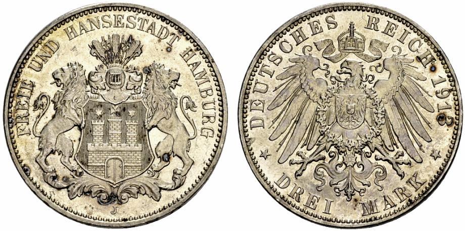 イ*レ様 1911年 ドイツ帝国ハンブルク自由都市3マルク 銀貨 イ* イ*レ様 1911年 ドイツ帝国ハンブルク自由都市3マルク 銀貨 イ*