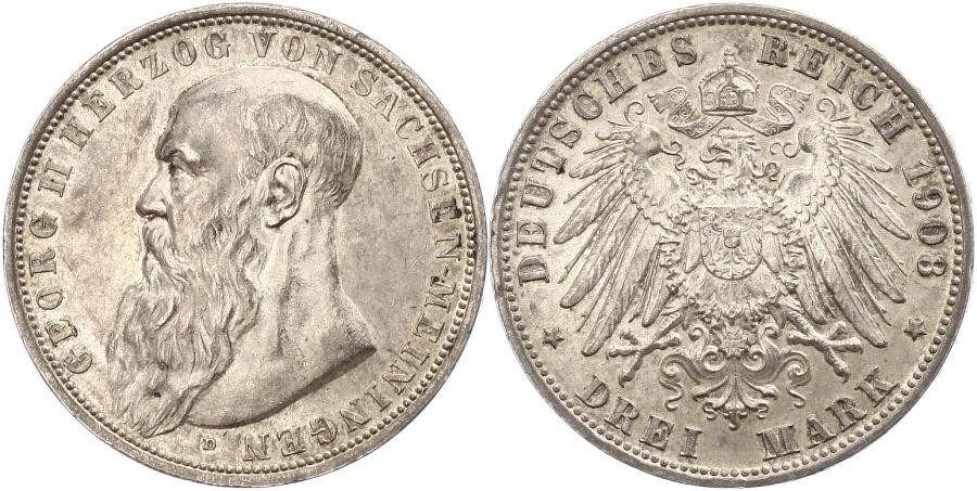 3 Mark 1908 Duchy of Saxe-Meiningen (1680 - 1918) Silver Georg II, Duke